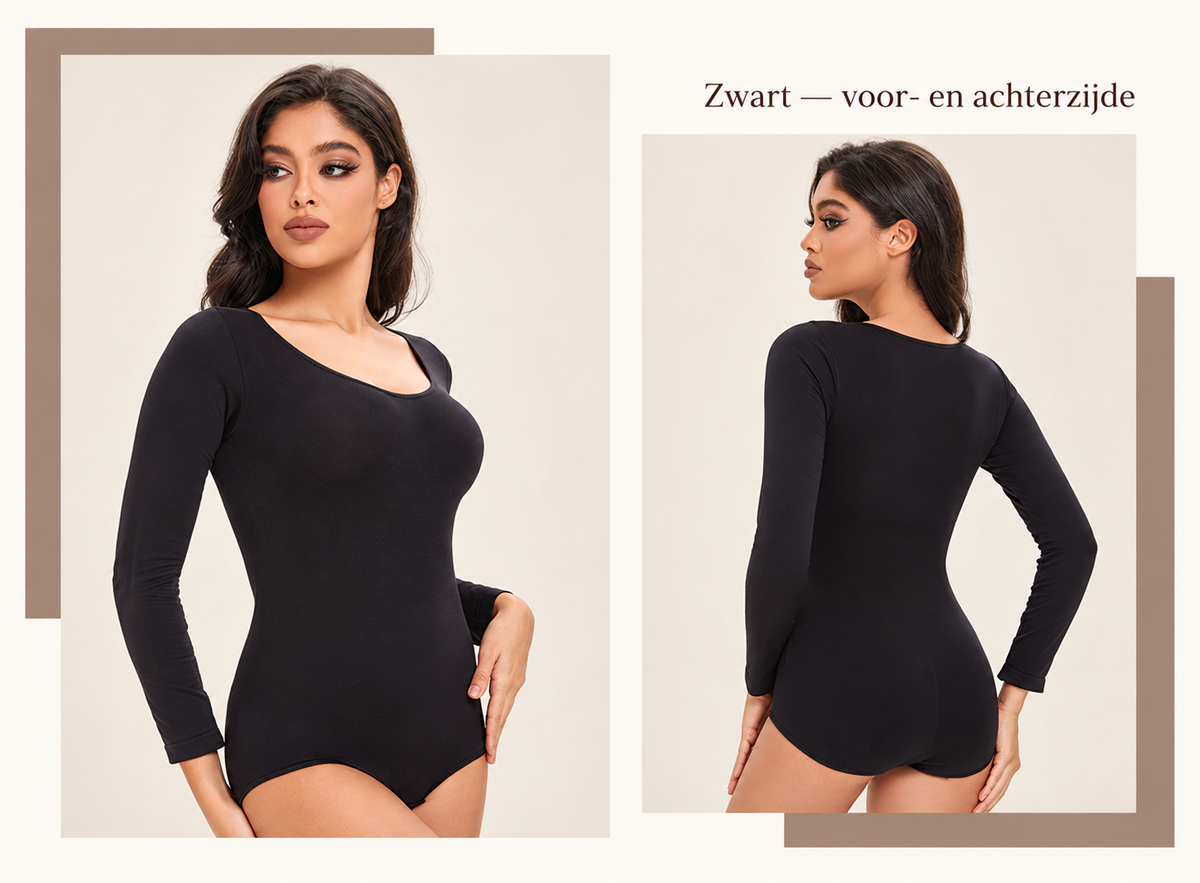 Bodysuit met lange mouwen — zwart, voor- en achterzijde