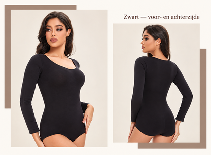 Bodysuit met lange mouwen — zwart, voor- en achterzijde
